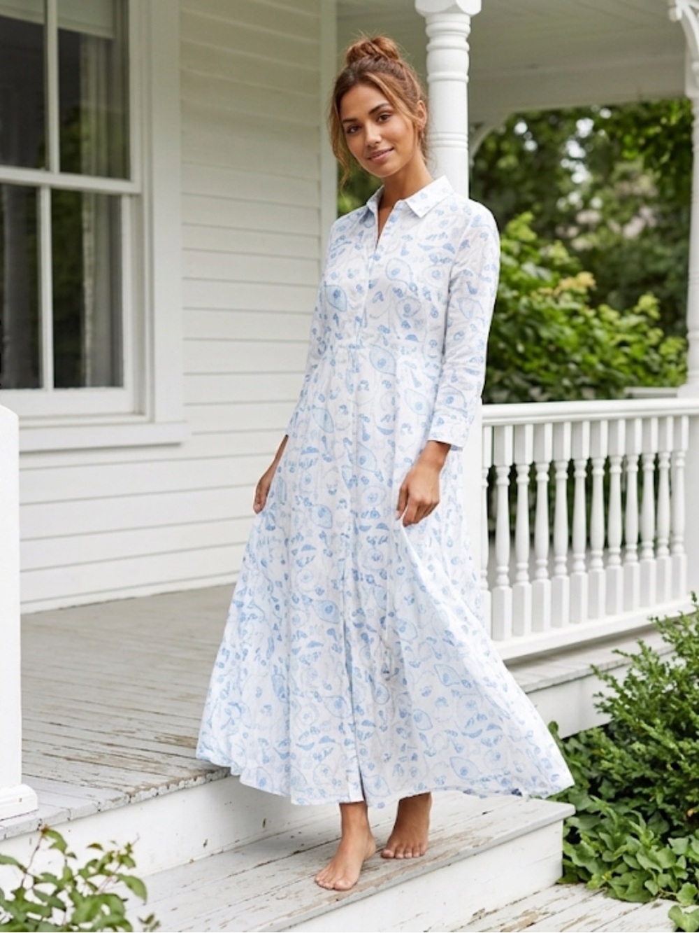 Julia Amory Shirt Dress Cotton Block Print White Blue Floral Size large